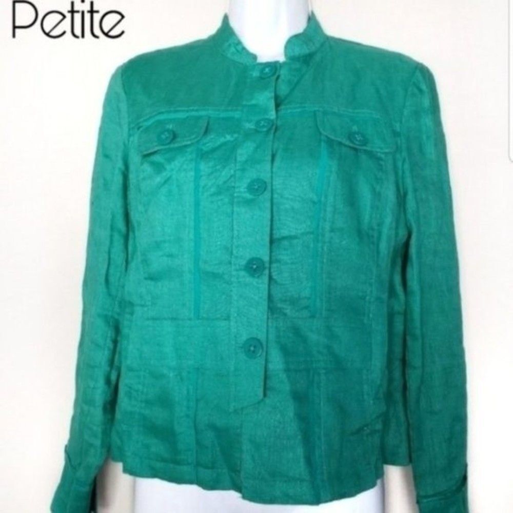 Coldwater Creek linen botton up shirt green size petite 8